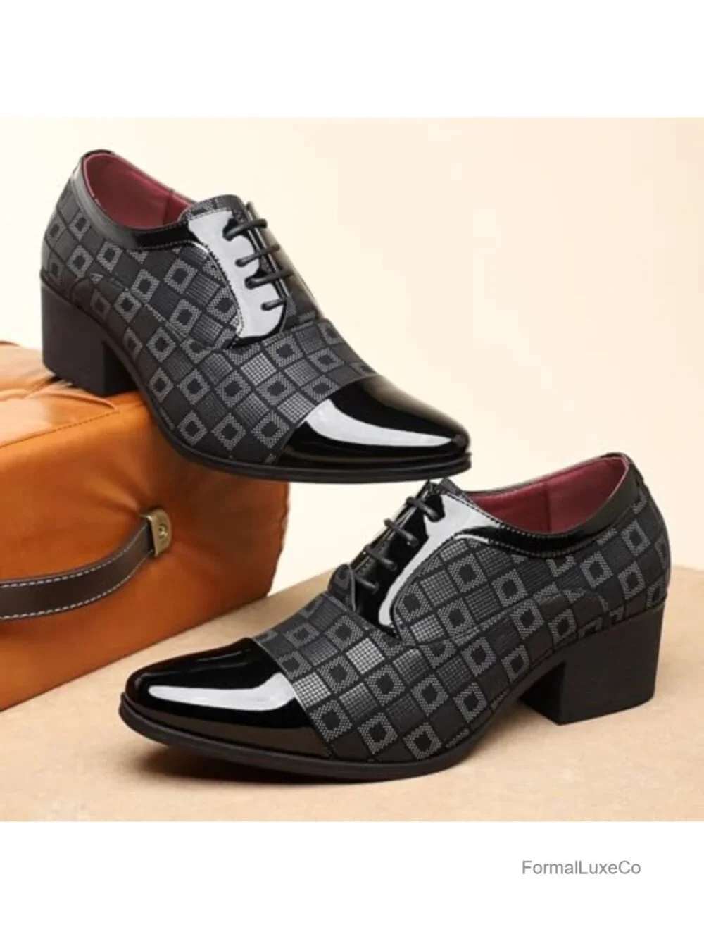 Patterned Patent Leather Chunky Heel Dress Oxford Shoes Lace Up Derby